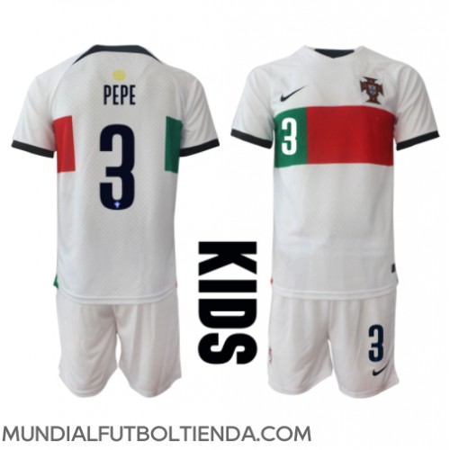 Camiseta Portugal Pepe #3 Segunda Equipación Replica Mundial 2022 para niños mangas cortas (+ Pantalones cortos)